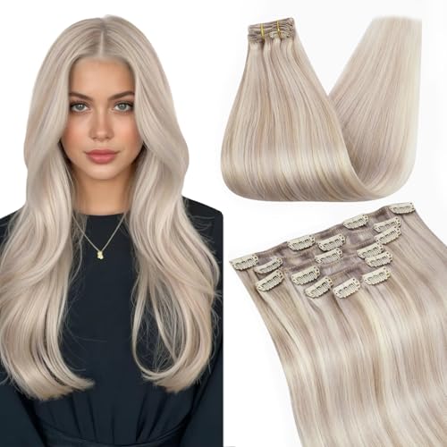 Image of Ugeat Hair Extensions Clip ins Blonde Highlights Clip in Hair Extensions Real Human Hair Ash Blonde Highlights Bleach Blonde Human Hair Clip in Extensions Full Head 14 Inch 105g 7pcs