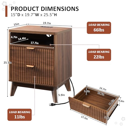 LYNCOHOME Fluted Nightstand with Charging Station, 19.7 inch Wide End Table with 2 Drawers, Modern Wood Bedside Table for Bedroom,Brown,1 Pcs - Image 3