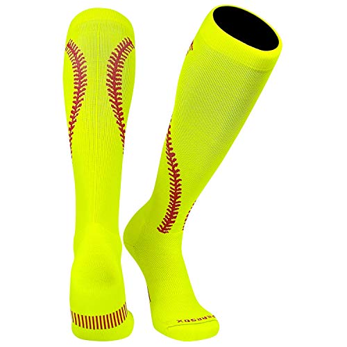 Softball Stitch Neon Yellow with Red Stitching Knee high Socks