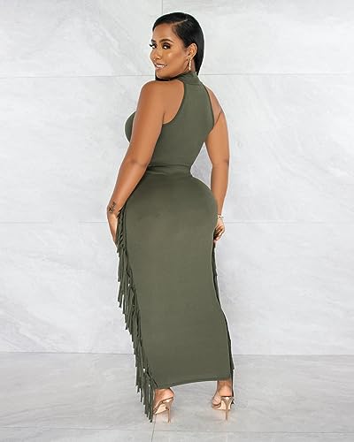 Image of YUEWOO 2 Piece Outfits for Women Sexy Crop Top Ruched Bodycon Maxi Dresses Fringe Skirt Sets Night Club Jumpsuits