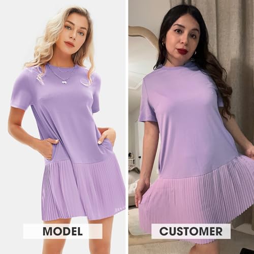 EXLURA Womens Summer Casual Short Sleeve Dress Crewneck Tshirt Dresses Pleated Aline Mini Dress 2025 Vacation Beach Sundress3