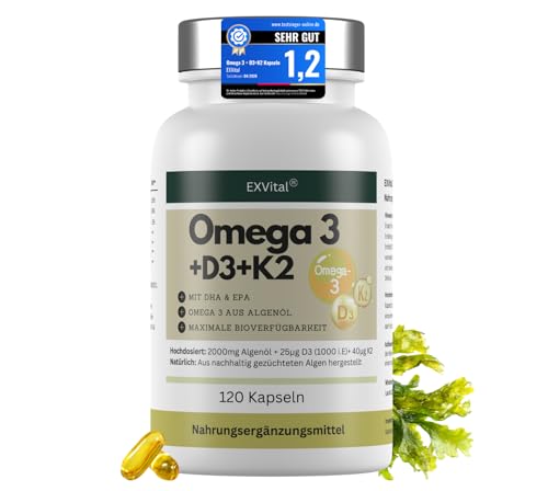 Omega 3 vegan + D3 & K2 120 Kapseln 1100mg Algenöl mit 600mg DHA & 300mg EPA + 1000 IE Vitamin D3 + 40 g Vitamin K2 - O3 D3 K2 hochdosiert & laborgeprüft