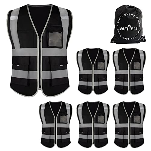 SAFIELD Safety Reflective Work Vest 6 Pack for Men and Women with 8 Pockets and Zipper High Visibility Construction Outerwear