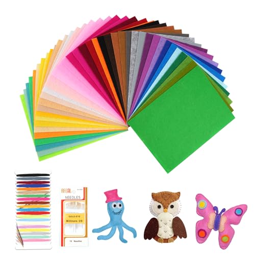 Maxmoc 40 Farben Bastelfilz, 20 x 15 cm Filzstoff, Polyester Felt Fabric Filzplatten mit Bunter Stickgarn und Nähnadel, Farbig Filz Blätter zum DIY Handwerk Nähen Projekte Manual Decoration