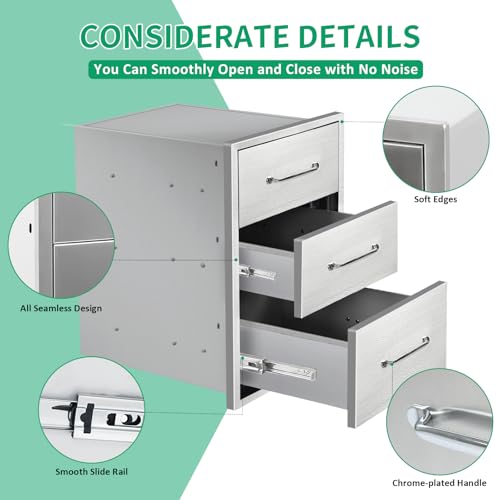 Image of Outdoor Kitchen Drawers 15.7 inch W x 21.6 inch H x 17.7 inch D Stainless Steel Triple Drawers with Ergonomic Handle for BBQ Island, Patio Grill Station & Outdoor Kitchen Cabinets