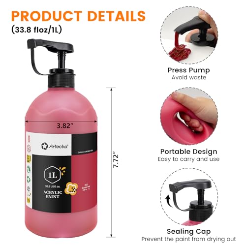 Image of Artecho Scarlet Red Acrylic Paint 1000ml / 33.8 fl oz Pump Dispenser | Large Bottle, Semi Glossy Finish, High Pigment Rich Color Craft Paint for Canvas, Rocks, Wood, Ceramic, Easy dispensing