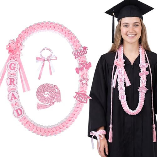 woric 48 Graduation Leis 2026 Pink Ribbon Leis for Graduation Class of 2026 Handmade Braided Necklace with Grad Letters for Academic Achievement Ceremonies Parties Preschool to College