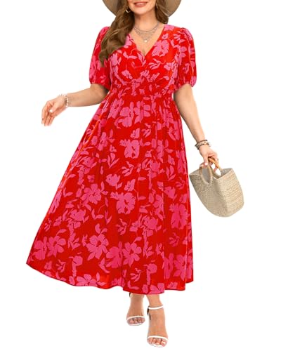 Image of Pinup Fashion Plus Size Wedding Guest Chiffon Semi Formal Maxi Dress | Chiffon, V-neckline, short sleeves, shirred waist, textured floral pattern, maxi length, versatile for all seasons
