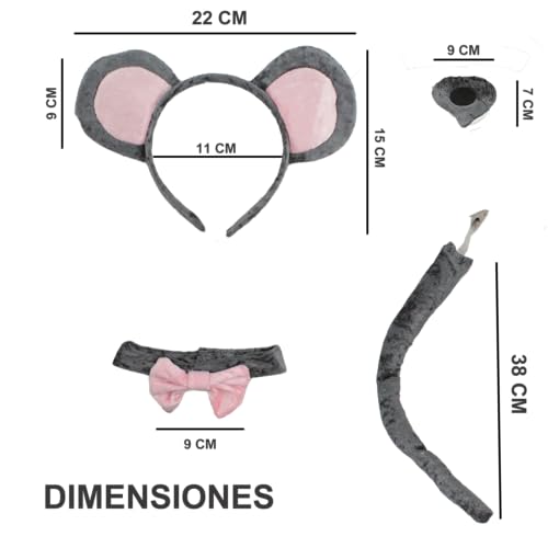 Carnavalife 4-teiliges Rattenkostüm-Set, grau, für Erwachsene, Einheitsgröße, Ohrnase, Schwanz, Verkleidung für Holloween, Karneval (1)