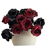 12Pcs Gothic Flowers, 20 Inch Red and Black Silk Halloween Roses Artificial Flowers, Long Stem Faux Roses Bouquet for Wedding Centerpieces Halloween Gothic Decorations..