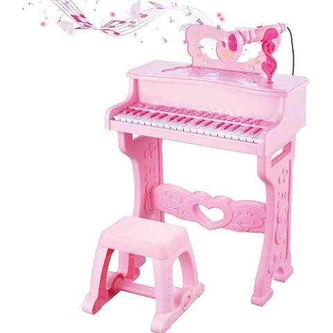 Enlitoys Piano Toys Keyboard Toy for Kids 37 Keys Electronic Piano Musical Instrument for Girls Gift Educational Music Toy with Detachable Legs, Microphone, Multiple Music Modes, Light, Stool - Pink Cover