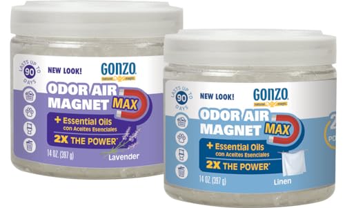 Gonzo Odor Air Magnet Max Gel Odor Eliminator (2 PACK) For Car Closet Trash & Pet Areas Smoke Odors - Lavender and Linen Scent 14 oz Jars Blue