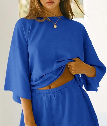 Image of Tankaneo Womens Pajama Sets 3 /4 Sleeve Oversized Tops & Loose Fit Shorts Lounge Set with Pockets Loungewear