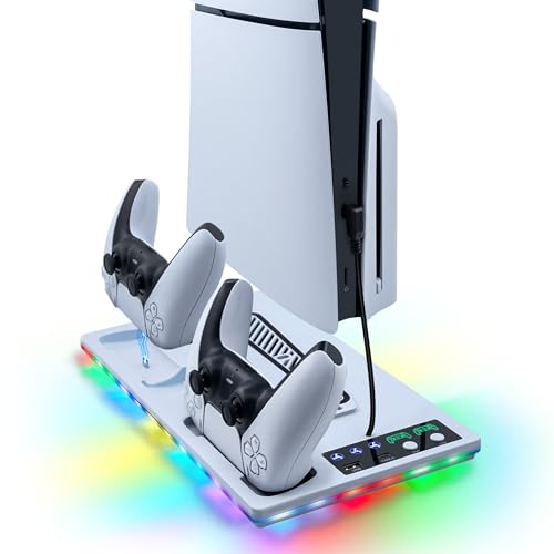 Wigearss PS5/PS5 Slim/PS5 Pro Kühler Standfuß mit Dual Controller Ladegerät, PS5 Controller Ladestation Standfuß mit Lüfter, RGB Licht für PS5/PS5 Slim/PS5 PRO UHD/Digital Edition