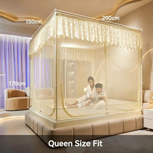 Image of Dawnwake Mosquito Net, Anti-Fall Mosquito Neting Bed for Babies /Adult /Outdoor,Portable Foldable Travel /Camping Mosquito Net Tent, Suit for Queen Size Bed (Yellow, 200 * 150cm)
