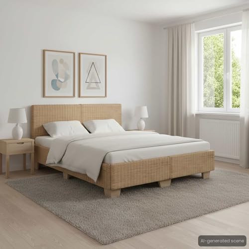 Rantry Handgewebter Bettgestell aus echtem Rattan, 140 x 200 cm, Bettgestell für 90/120/135/140/160/180/200 x 200 cm, für Einzelbett, rostfrei,...
