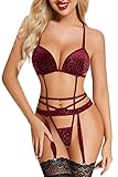 ADSEXY Dessous Damen Sexy Unterwäsche Verstellbare Schultergurte Leopardenmuster Reizwäsche Siamese Strapsen BHS und Höschen Set Mit Strumpfgürtel (Keine Strümpfe)