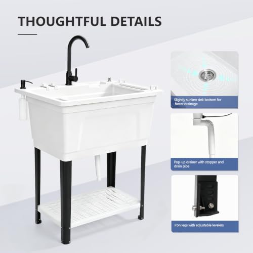 Image of Vingli Freestanding Utility Sink with Faucet, 36 inch Heightened Basin for Laundry, Garage, Outdoor Garden, Pet Wash, Heavy Duty Plastic Laundry Tub with Storage Shelf (White, 32 inchLx24 inchWx36 inchH)