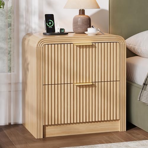 Decofy 23 Wide Fluted Nightstand with 2 Large Drawers Beside Table with Charging Station Mordern Night Stand with Curved Corners & Metal Handle Wood End Table for Bedroom Oak
