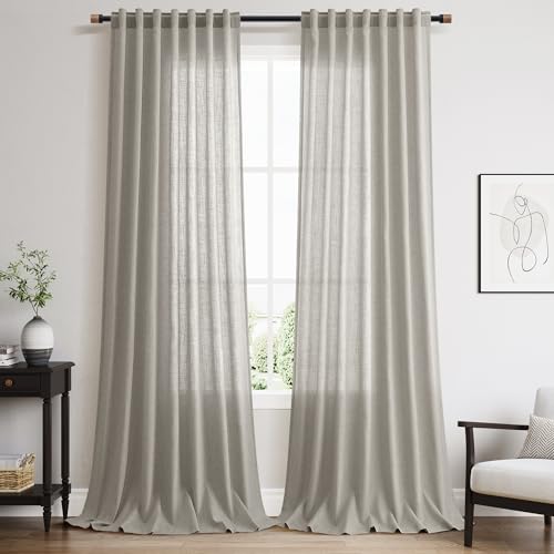 Image of Silver Grey Linen Curtains 120 Inch Extra Long for Living Room Back Tab Light Filtering Semi Sheer Drapes Modern Farmhouse Boho Textured Curtain for Floor to Ceiling High Window 52x120,2 Panels