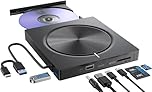 Lecteur CD DVD Externe pour PC, USB 3.0 et Type-C Graveur D VD Externe avec 2*USB-A 2*USB-C et Fente SD/TF, Optique Portable CD DVD -/+RW Drive pour Windows/MacOS/Laptop/Desktop