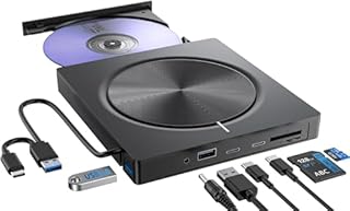 Lecteur CD DVD Externe pour PC, USB 3.0 et Type-C Graveur D VD Externe avec 2*USB-A 2*USB-C et Fente SD/TF, Optique Portable CD DVD -/+RW Drive pour Windows/MacOS/Laptop/Desktop
