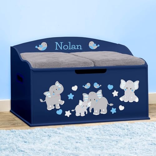 DIBSIES Personalized Creative Wonders Toy Box, Blue Elephants, 30 x 19.25 x 18 inches, Soft-Close Lid (Blue)