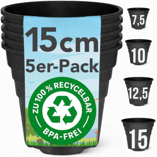 Happy Pots Blumentöpfe & Pflanztöpfe aus Kunststoff 15 cm Anzuchttöpfe 5er Pack Pflanzentopf Schwarz Recycelbar Mit Abflusslöchern BPA-frei