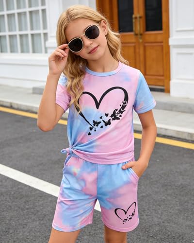 Image of 7-14Y Tween Girl Clothes 2 Piece Short Sleeve Tie Dye Heart Print Top and Shorts Teen Girl Summer Outfits Short Set