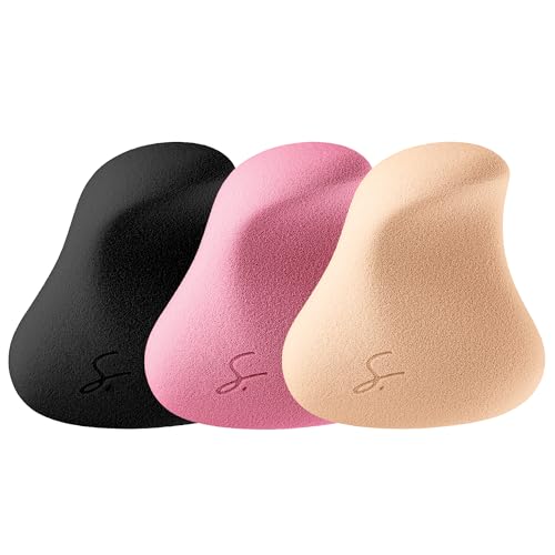 Strokes Complexion Pro Beauty Sponge – Latex Free Makeup Sponge Blender for Foundation, Powders & Creams, Ergonomic Shape with Base, Tip & Sides for Blending, Soft Reusable Beauty Tool - 3 Color Set