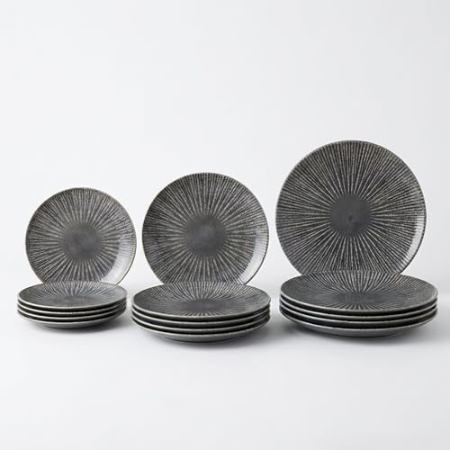 SANTA CLARA | Vajilla Completa 12 Piezas Porcelana Decorada para 4 Personas, Apta Microondas y Lavavajillas, Vajilla Electra Grafito para Hogar y Cocina