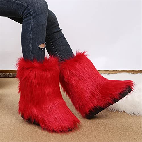 FUNCOS Women's Faux Fur Boots Mid-Calf Fuzzy Fluffy Winter Boots Rave Carnival Costume3