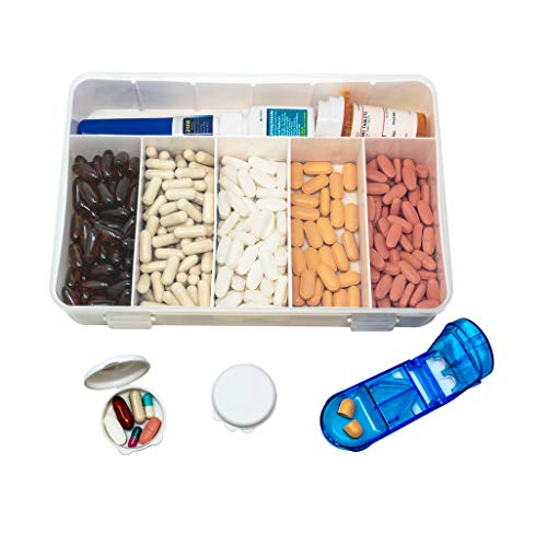 Deluxe Supplement Pill Organizer Case - Large Storage Box for Medication Bottles, Pills, Vitamins and Supplements Includes Pill Cutter and 2 Daily Pocket Pill Holders (1)