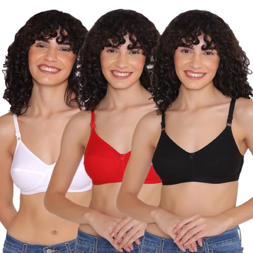 Image of INKURV Cotton Hosiery Bra for Women's Daily use, Full Coverage Bra for Regular wear, Non Padded, Non Wired Everyday Bra with Rich Cotton-Zoe Combo of 3