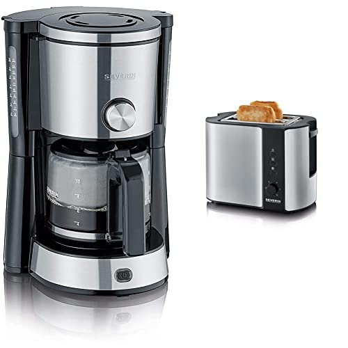 Severin KA 4825 cafetière Electrique, 1000 W & Grille-pain automatique 800 W, Toaster compact 2 fentes jusqu'à 2 tranches, Grille-pain électrique avec réglage du degré de brunissage, inox/noir