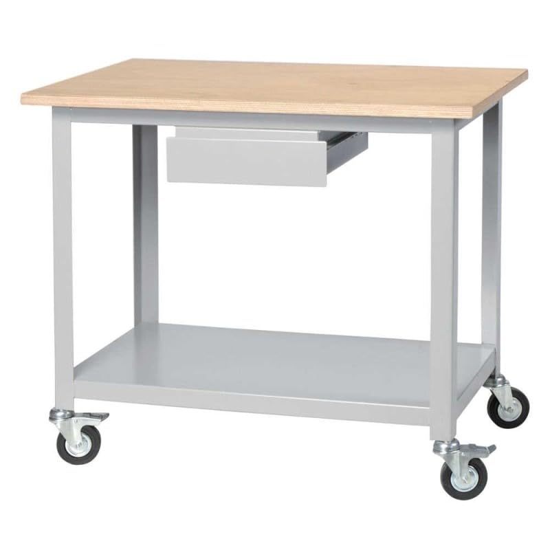 Carrello banco tavolo da lavoro in ferro con piano in legno con 1 cassetto e 4 ruote mm.900x500x800h per officine laboratori R3F