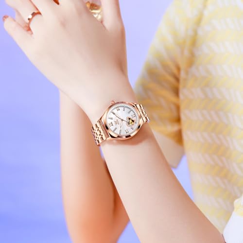 Image of OLEVS Watches for Women Automatic Ladies Watch Mechanical Leather Strap Self-Winding Diamond dial Waterproof