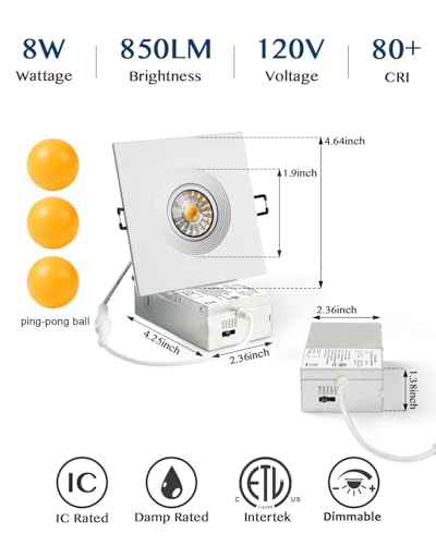 Image of 4 Inch 6 Pack Square Recessed Lighting, 8W 5CCT Adjustable Canless Wafer Downlight, 360 Rotatable and 30 Tiltable LED Eyeball Lights, 4 Inch 6 Pack White