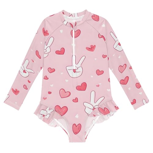 CHIFIGNO Quick Dry One Piece Swimsuit for Girls Cute Hearts Peace Pink Long Sleeve One Piece Swimsuit 3T
