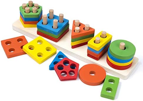 Afunti Wooden Shape Sorter Puzzle Toy Stacking Blocks Stacker Toy Geometric Sorting Board Educational Toys for Kids Toddler 1 2 3 4 5 Years Old Boys Girls