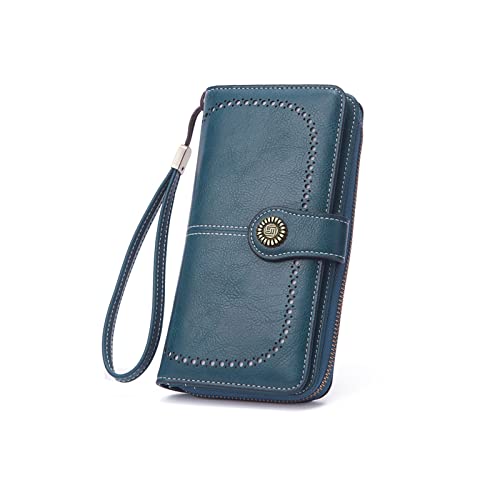 Portefeuille femme en cuir bleu avec porte-cartes et rangement téléphone intégré
