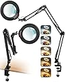 10X Magnifying Glass with Light and Clamp, Ultra Long 3 Section Swing Arm LED Desk Lamp, 5 Color Modes Stepless Dimmable, Hands Free Lighted Magnifier with Stand for Repair Reading Crafting Close Work