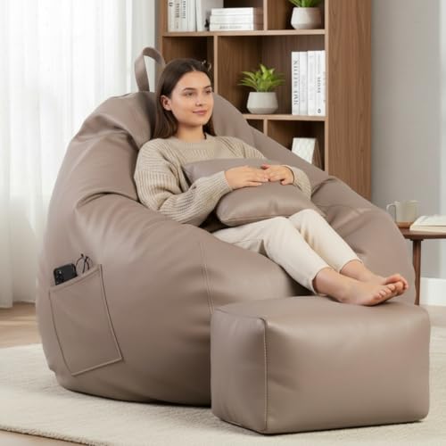 Image of KAM'S LIEU 5XL Luxury Faux Leather Bean Bag with Footrest & Cushion | Pre-Filled High-Density Polystyrene Beans | Premium Leatherette | 6 Months Warranty Color- (Beige, with Footrest)