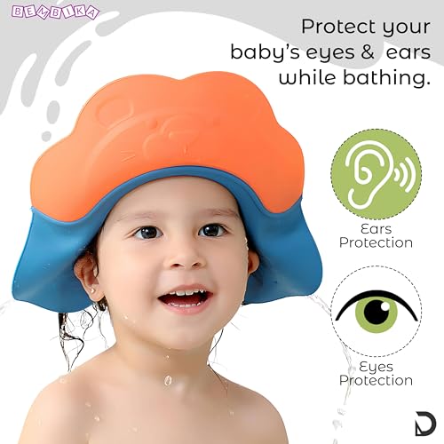 Image of Bembika Baby Shower Cap For Washing Hair, Eye Protection And Hair Wash Reusable, Waterproof, And Comfortable For Babies - (Orange Blue)