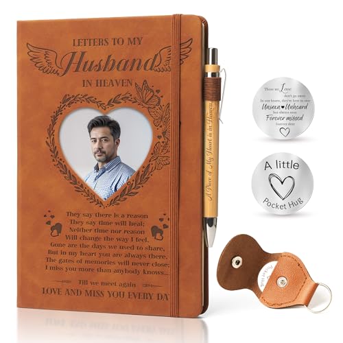 Letters to My Husband in Heaven:3 Pcs Memorial Gifts for Loss of Husband A5 Grief Journal 200 Pages Travel Diary with Heart Photo Window in Cover Remembrance Pocket Hug PU Leather Keychain & Pen