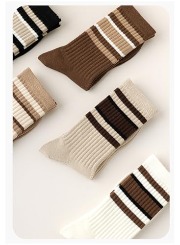 Image of Deeorla Womens Striped Crew Socks Brown Vintage Retro Athletic Socks 5 Pairs