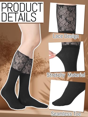 Image of Fourluoo 4 Pairs Women's Lace Socks Calf Stocking with Lace Trim Long Knee High Stockings Lolita Boot Socks