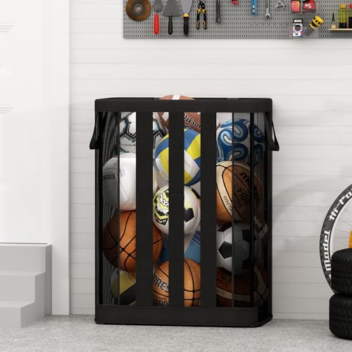 Image of STO STO Ball Storage Basket, Wall-Mounted or Freestanding Garage Ball Organizer Holder, Holds up to 15 Balls, Sports Equipment Organizer with Elastic Front Access for Garage, Gym, Playroom, Black
