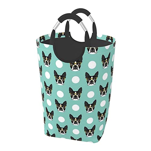 ボストンテリア犬 ット ハンドル付き 洗濯かご おもちゃ 収納オーガナイザー 折りたたみ式バケツ 洗濯箱 汚れた衣類バッグ 自宅 バスルーム 寝室 寮用