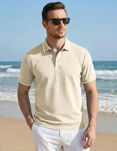 Image of JMIERR Mens Casual Polo Shirt Short Sleeve Vacation Button Summer Beach Knit Stretchy Golf Shirts